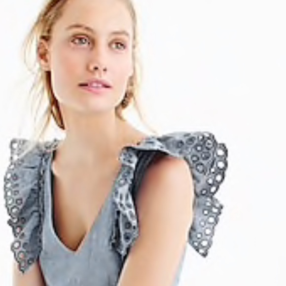 NWT J. CREW CHAMBRAY RUFFLE SHEATH DRESS, SIZE 6. - Picture 2 of 4